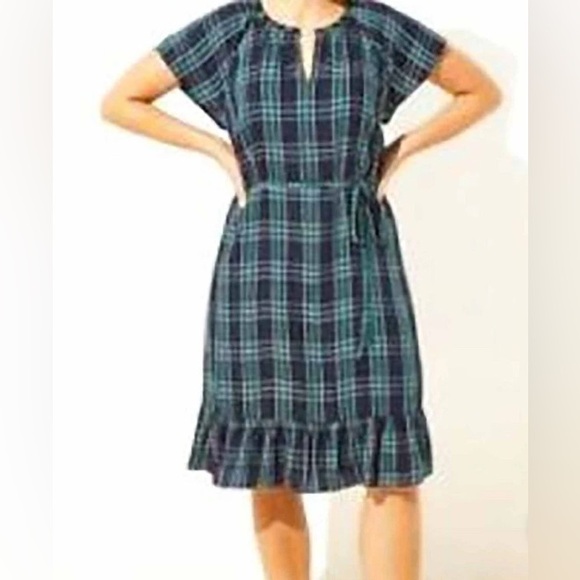 LOFT Green Black Plaid Short cap sleeve dress size 6 - Picture 2 of 10